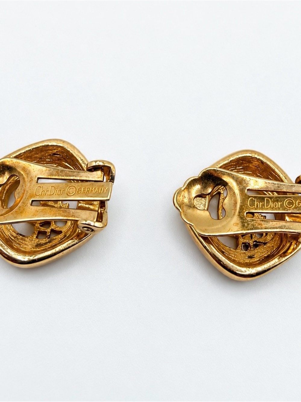 Christian Dior Earrings Vtg CD Logo Gold Plated Clip 1980s Rhinestone Germany - Picture 5 of 9